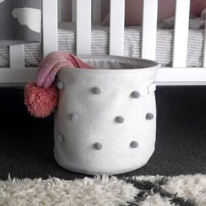 Kids Storage Basket - White with Grey Pom Poms