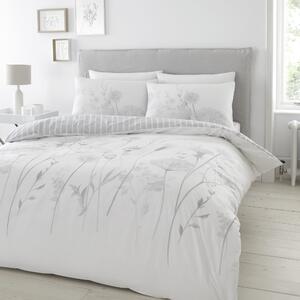 Meadowsweet Floral White Reversible Duvet Cover and Pillowcase Set Grey