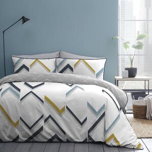 Appletree Fractured L White 100% Cotton Reversible Duvet Cover and Pillowcase Set Navy Blue/White/Yellow