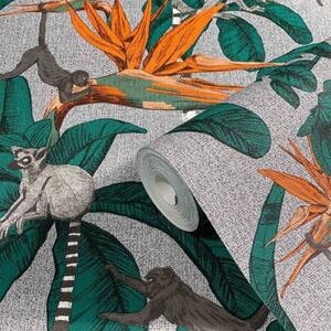 Topchic Wallpaper Monkey Jungle Leaves Green and Grey