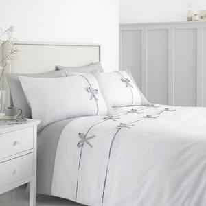 Catherine Lansfield Milo Bow White and Grey Duvet Cover and Pillowcase Set Grey