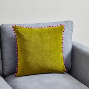 Velvet Pom Pom Cushion Green