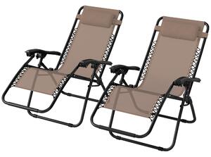 Outsunny Zero Gravity Chair Set of 2, Metal Frame Texteline Armchair Outdoor Folding and Reclining Sun Lounger with Head Pillow for Patio Decking Gardens Camping, Beige