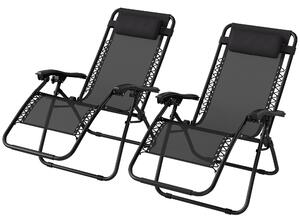 Outsunny Zero Gravity Chair Set of 2, Metal Frame Texteline Armchair Outdoor Folding and Reclining Sun Lounger with Head Pillow for Patio Decking Gardens Camping, Black