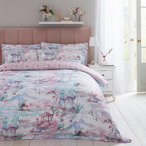 Dorma Tranquil Garden 100% Cotton Duvet Cover and Pillowcase Set Pink/Green/White