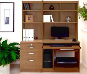 Small Office Desk Set With 3 Drawers, Computer Workstation & Hutch Bookcases (English Oak)