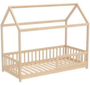 HOMCOM House-Shaped Kids Bed Frame with Guard Rails, Solid Pine Wood Single Bed Frame for Kids Boys and Girls, Natural