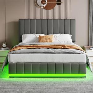 Double Bed with Hydraulic Storage, LED Lighting, PU Leather, Ottoman Bed Base with Adjustable Headboard, 193L x 142W x 101-111H cm, Grey Aosom.UK