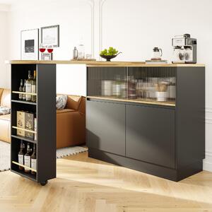 360° Swivelling Dining Bar Cabinet with Sliding Glass Doors, Open Shelves, Rotating Bar Table for Dining Room, 90L x 120W x 100H cm, Black Aosom.UK