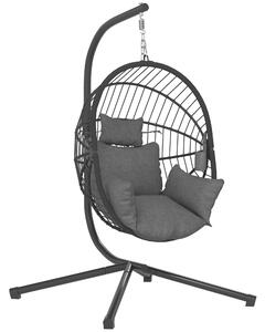 Outsunny Outdoor Swing Chair with Thick Padded Cushion, Patio Hanging Chair with Metal Stand, Foldable Basket, Cup Holder, Rope Structure
