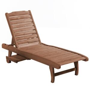 Outsunny Outdoor Wooden Lounger Chair, Sun Bed with Built-In Table, Adjustable Backrest and Wheels, Red Brown