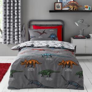 Dinosaur Friends Grey 100% Cotton Duvet Cover and Pillowcase Set Grey, Red and Blue