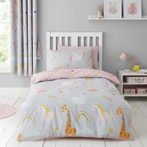 Party Animals Grey Duvet Cover and Pillowcase Set Grey, Pink and Yellow