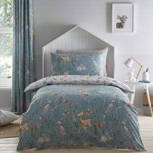 Woodlands 100% Cotton Reversible Duvet Cover and Pillowcase Set Blue, Brown and White