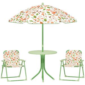 AIYAPLAY 4 Pieces Kids Garden Table and Chair Set with Adjustable Parasol, Folding Chairs, Table, Fox Pattern, Green