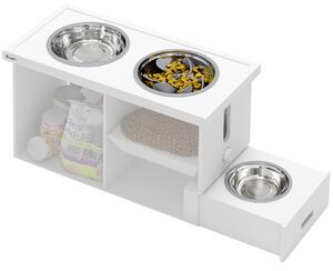 PawHut Raised Dog Bowls w/ Slow Feeder Mat, Storage Cabinet, 3 Stainless Steel Bowls, Semi-Auto Dispenser Function, White