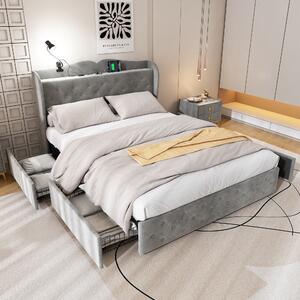 Double Velvet Upholstered Storage Bed with 4 Drawers, Soft Backrest, Table Lamp and 4 USB Ports, Durable, 206.5L x 142W x 109H cm, Gray Aosom.UK