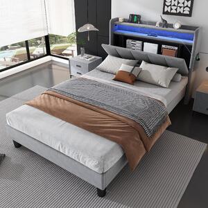 Double Velvet Upholstered Ottoman Bed with LED Light, 4 USB Ports, Lower Flap Door Storage and Soft Backrest, 204L x 96W x 107H cm, Gray Aosom.UK