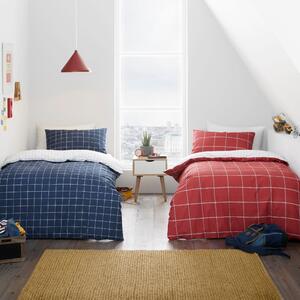 Twin Pack Checked 100% Cotton Reversible Duvet Cover and Pillowcase Set Blue, Red and White
