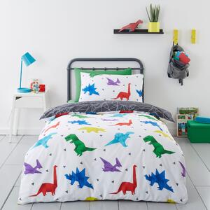 Origami Dino 100% Cotton Reversible Duvet Cover and Pillowcase Set Red/Blue/White