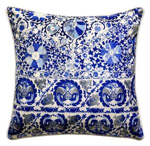 Iznik Cobalt, Sustainable Feather, Cushion, 55cm x 55cm - Andrew Martin Velvet Floral & Kilim