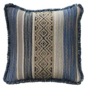 Pampas Indigo, Sustainable Feather, Cushion, 55cm x 55cm - Andrew Martin With Trim/Fringe & Cotton Blend & Linen Blend Geometric & Stripe