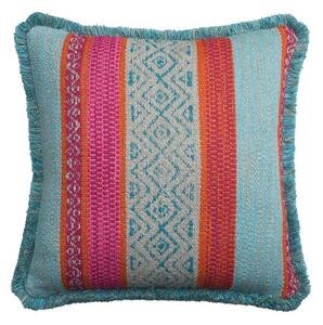 Pampas Teal, Sustainable Feather, Cushion, 55cm x 55cm - Andrew Martin With Trim/Fringe & Cotton Blend & Linen Blend Stripe