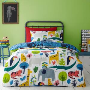 Elements Jungle 100% Cotton Reversible Duvet Cover and Pillowcase Set White, Blue and Green