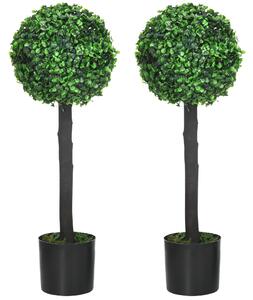 HOMCOM Set of 2 Artificial Plants Boxwood Ball Trees in Pot Fake Plants for Home Indoor Outdoor Decor, 20x20x60cm, Green