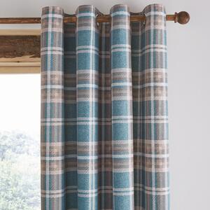 Tweed Woven Check Teal Eyelet Curtains Teal (Blue)
