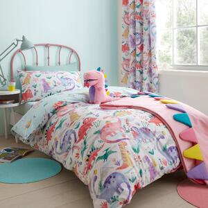 Dinosaur Pink Reversible Duvet Cover and Pillowcase Set Pink, Yellow and Blue