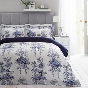 Dorma Madara Floral Reversible 100% Cotton Duvet Cover and Pillowcase Set White/Blue/Black