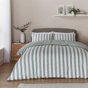 Green Stripe Brushed Cotton Duvet Cover and Pillowcase Set Natural