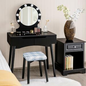 Costway Vanity Dressing Table Makeup Desk with LED Round Mirror Bedroom-Black