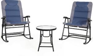 Costway 3 Pcs Folding Bistro Set Outdoor Rocking Chairs and Table Set-Blue & Gray