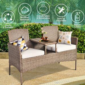 Costway Outdoor 2 Seater Rattan Chair Middle Tea Table Padded Cushions