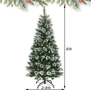 Costway Snow Flocked Christmas Tree with Red Berries and Metal Base-6FT