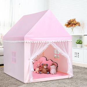 Costway Kids Play Tent Wood Frame Large Playhouse Tents with Mat-Pink