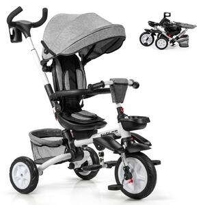 Costway Folding Toddler Tricycle Travel System with 360° Seat and Parent Handle-Grey
