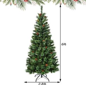 Costway 6ft Christmas Hinged Tree with Mixed Pine Needles, Cones, and Metal Stand
