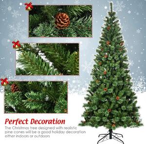 Costway 8ft Christmas Hinged Tree with Mixed Pine Needles, Cones, and Metal Stand