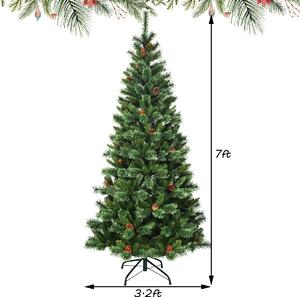 Costway 7ft Christmas Hinged Tree with Mixed Pine Needles, Cones, and Metal Stand