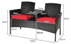 Costway 2-Seater Rattan Chair with Coffee Table and Removable Cushion-Red