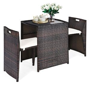 Costway 3 Pieces Wicker Bistro Set with Glass Tabletop and Cushions