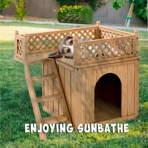 Costway Wooden Dog / Cat House with Raised Roof Balcony & Ladder