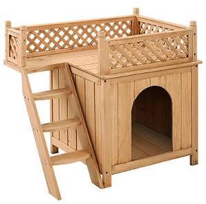 Costway Wooden Dog / Cat House with Raised Roof Balcony & Ladder