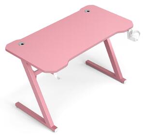 Costway Z-Shaped Ergonomic Gaming Desk with Hook & Cup Holder-Pink