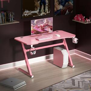 Costway Z-Shaped Ergonomic Gaming Desk with Hook & Cup Holder-Pink