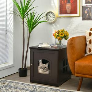 Costway Decorative Cat House Side Table with Window-Brown
