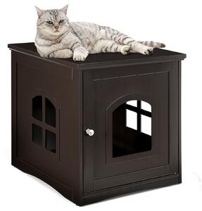 Costway Decorative Cat House Side Table with Window-Brown